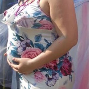 Long white dress with pink and blue flowers